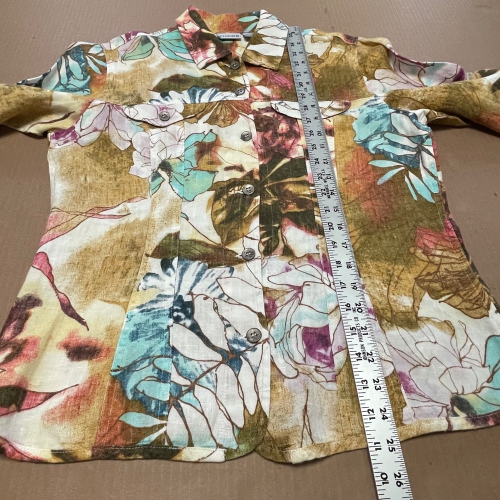 Vintage Chico's Sz 1 (M) Floral 100% Linen Shacket Shirt Jacket Lagen Artsy Boho - Picture 9 of 15
